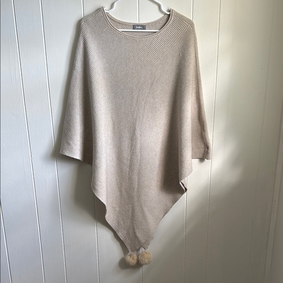 Neiman Marcus Sweaters - Neiman Marcus Beige Poncho with Rabbit Fur Poofs